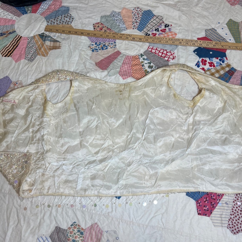 Vintage 60s Wool Sequin Beaded Shell Top Iridescent Cream Sleeveless Hong Kong S - Picture 6 of 10